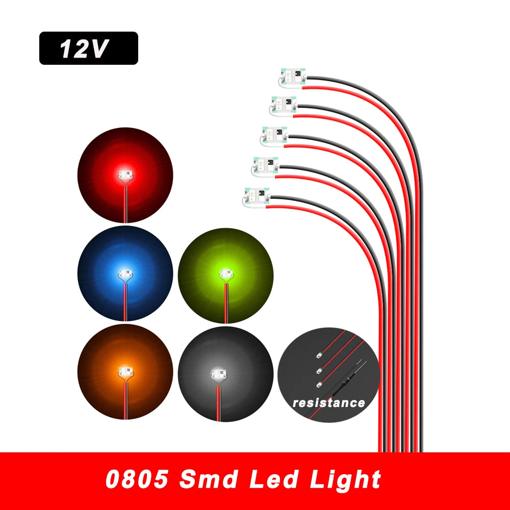 5PCS 0805 Wired Led Smd 12V Led Lamp Flashing Models Train Pre-Soldered Micro Litz with Resistance for Train Railway Landscape