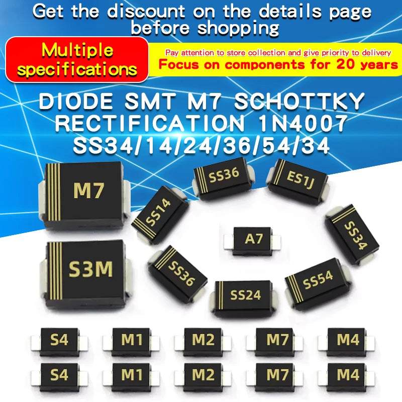 20PCS M1 M2 M4 M7 S4 SMA 1A 1N4001 4002 4004 4007 SS12 SS310 RS1M RS2M ES1D ES1J US1M SMD Schottky Rectifier Diode DO-214AC