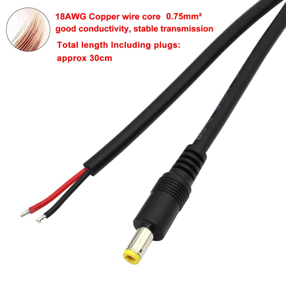 1/3/5/10Pc 18AWG DC5.5*2.1mm / 5.5*2.5mm Male Plug to Bare Wire Open End Power Wire Supply Repair Cable Connector Pigtails DIY