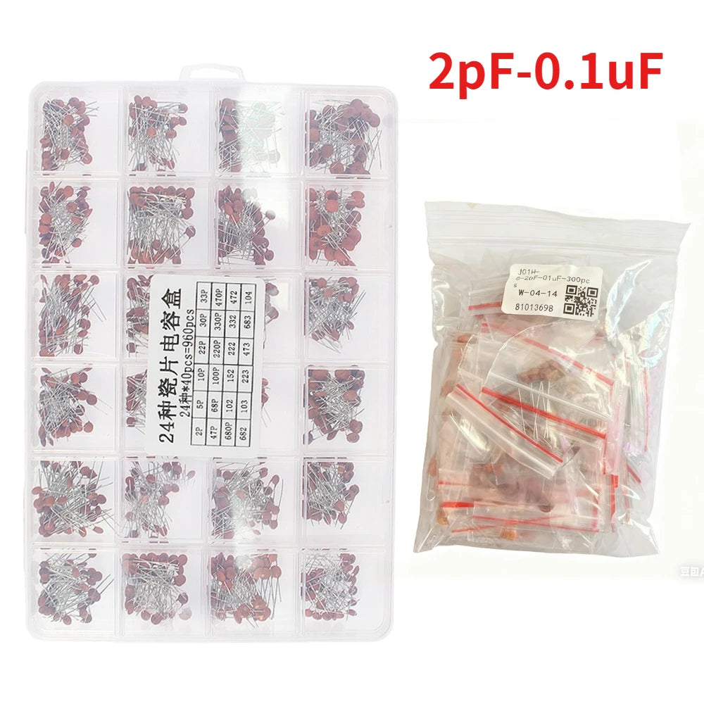 Ceramic Capacitor Kit Set 300pcs/960pcs 2pF-0.1uF Electronic Components Capacitor Assorted Kit IC Samples for DIY Electronics