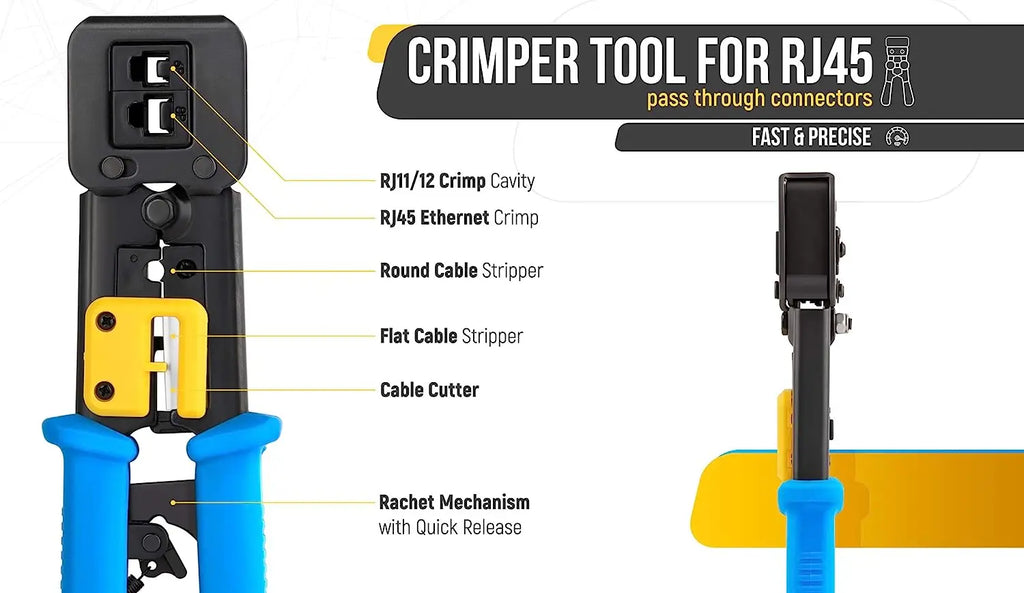 Hoolnx RJ45 Crimp Tool Pass Through Ethernet Crimper Cutter Stripper for Cat5e Cat6 RJ45/RJ12 Regular and End Pass Through Plugs