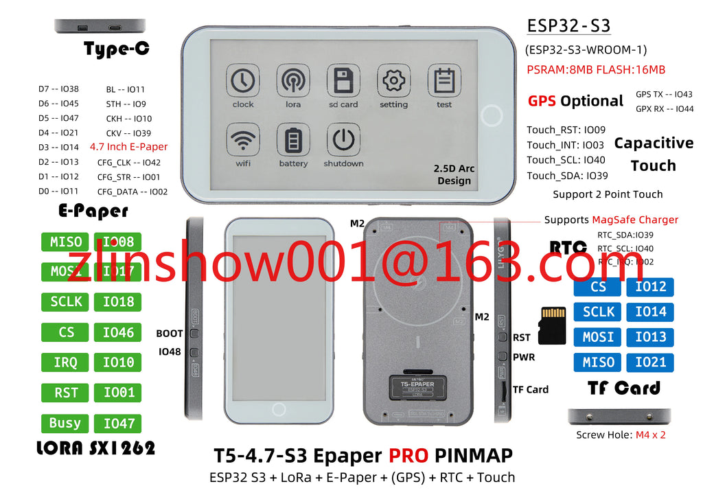 T5 E-Paper S3 Pro E-Ink Display ESP32-S3 4.7-inch E-Paper Module LoRa SX1262 TF Card RTC PCF8563 Touch Battery GPS
