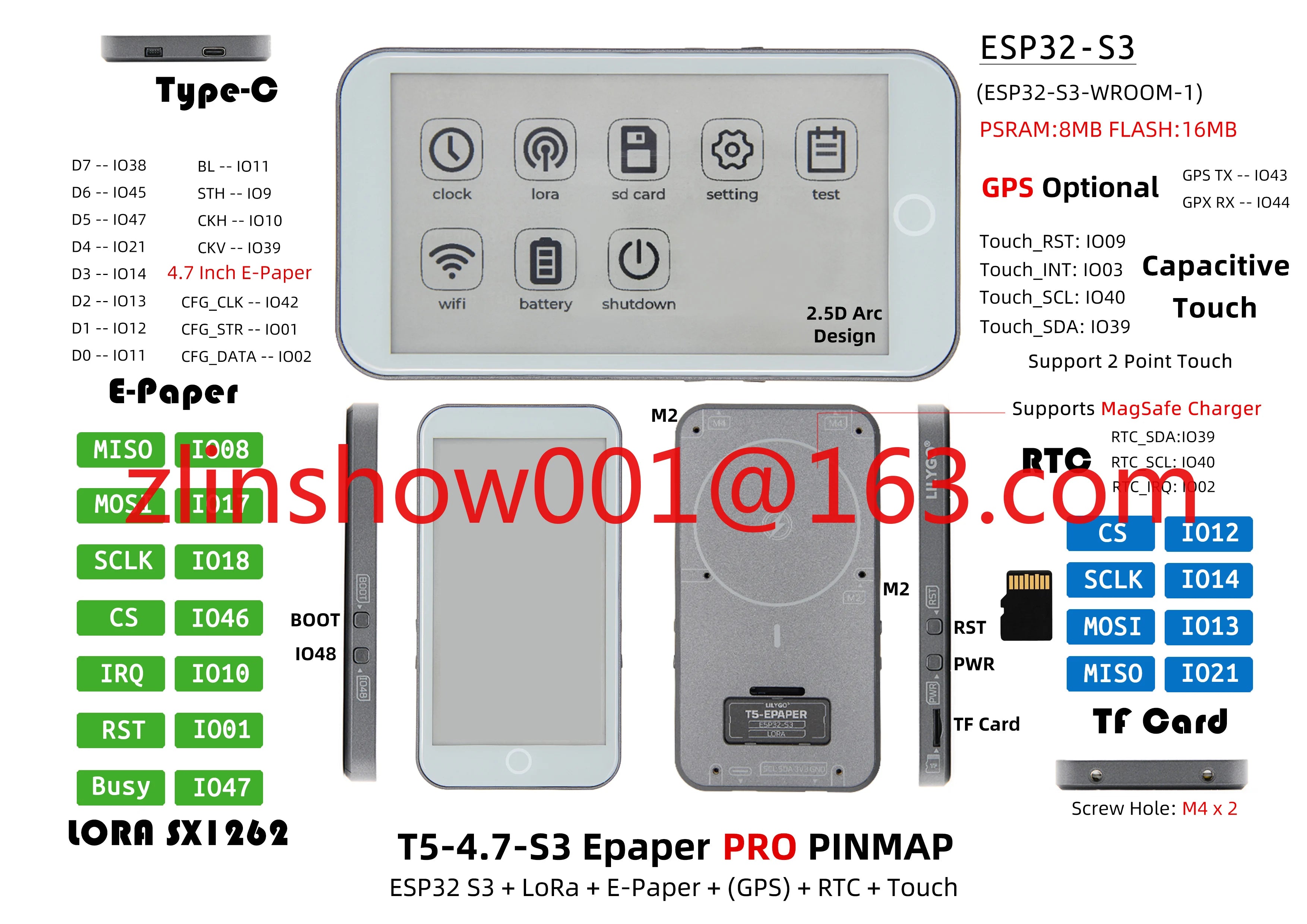 T5 E-Paper S3 Pro E-Ink Display ESP32-S3 4.7-inch E-Paper Module LoRa SX1262 TF Card RTC PCF8563 Touch Battery GPS