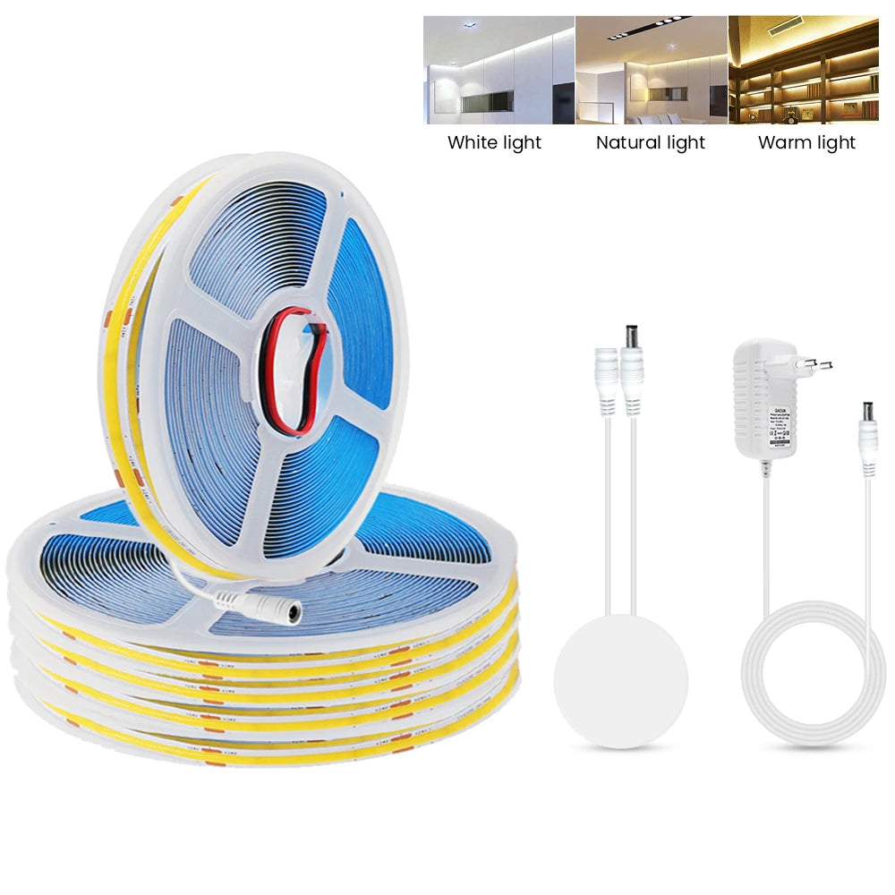 12V 24V Touch Dimmer COB LED Strip Light Hand Sweep Induction Switch US EU Power Kit Flex 320LEDs Tape Bedroom Kitchen Lighting