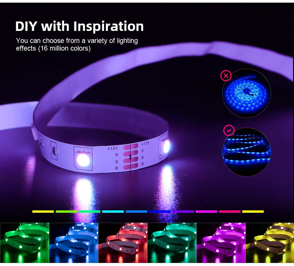 (EU Plug) LED Strip Light RGB Music Sync Color Changing  Sensitive Built-in Mic, App LED Lights DC12V Flexible