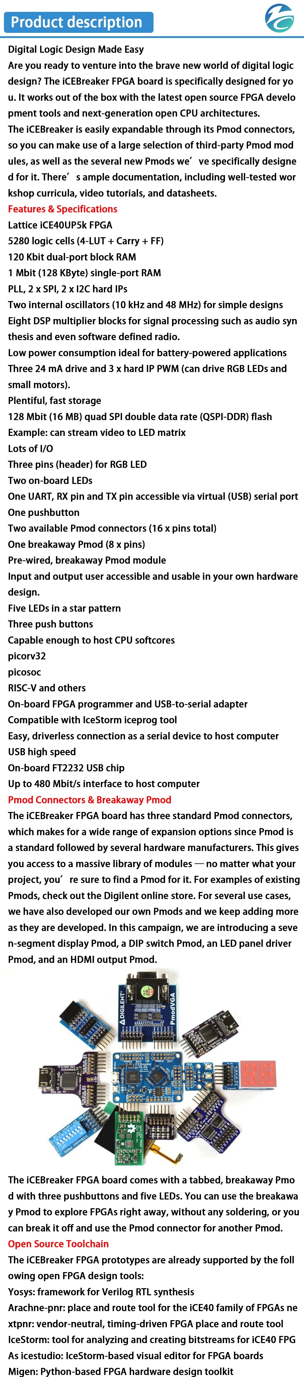 ICEBreaker V1.0e FPGA Development Board ICE40UP5k 120 Kbit for Pmod Connectors
