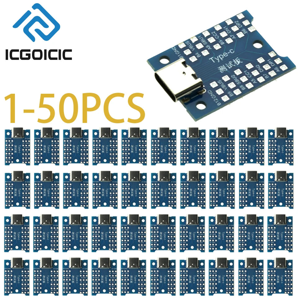 1-50pcs USB Type-C Breakout Board – All Pins Exposed, VBUS GND DP DN CC SBU, for Charging & Data Debugging, DIY Electronics
