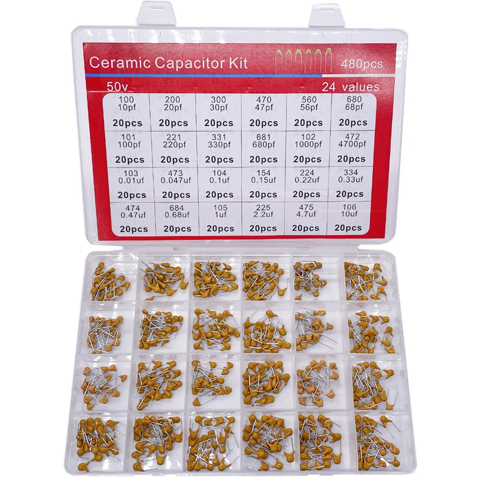 480pcs Ceramic Capacitor Assortment Kit For Guitar Capacitor 24Values 0.1uf-10uf