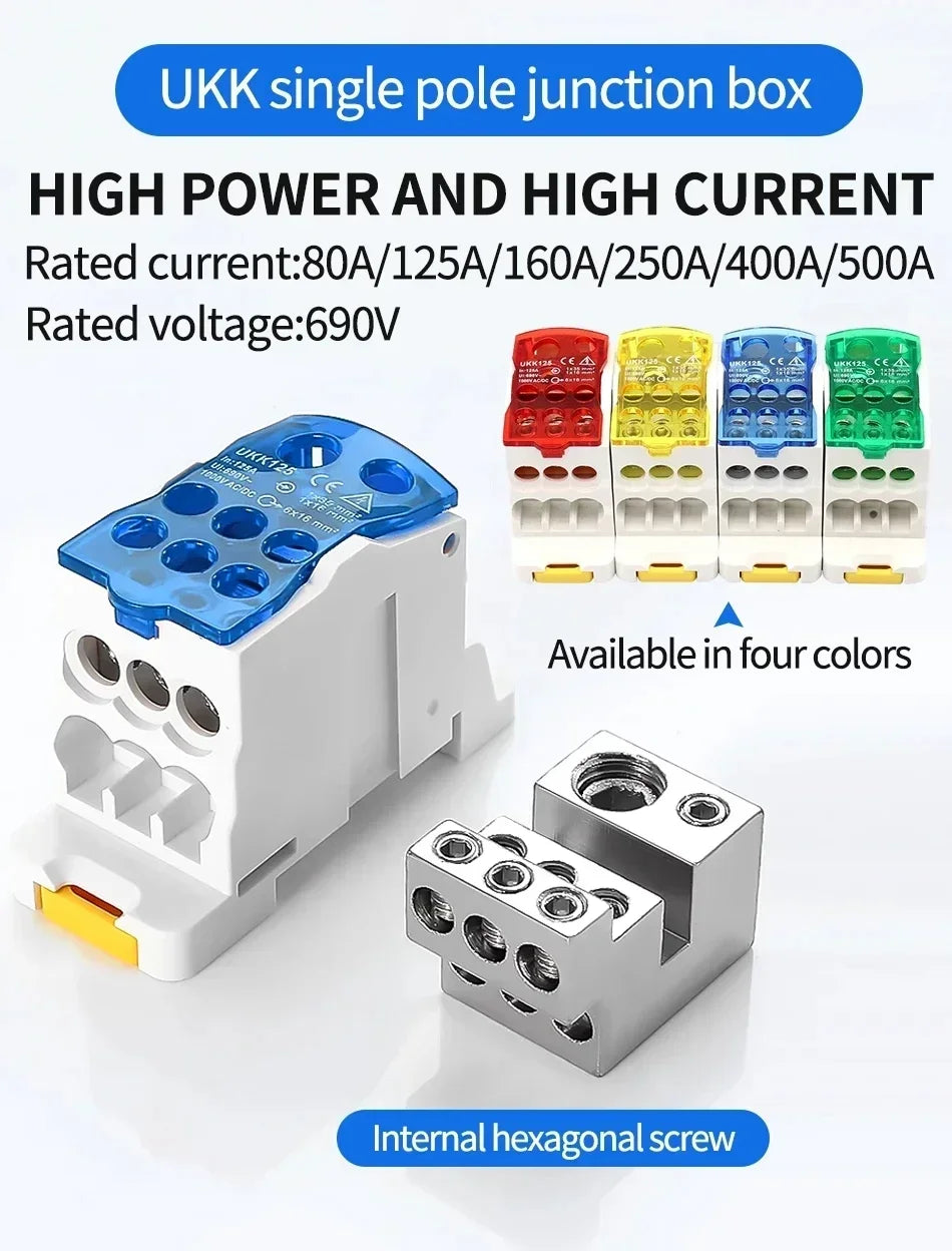 UKK 80A-500A High Current DIN Rail Power Distribution Block One Input Multiple Output Electrical Terminal Connector ```