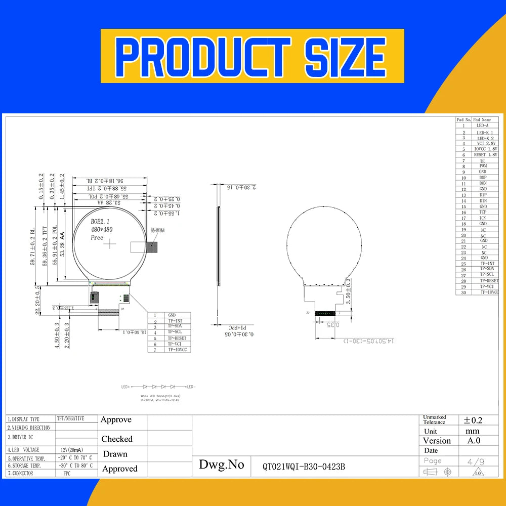 2.1 Inch TFT LED Display Module Round Screen HD IPS 480*480 SPI RGB Interface MIPI HDMI Driver ST7701S Capacitive Touch Screen
