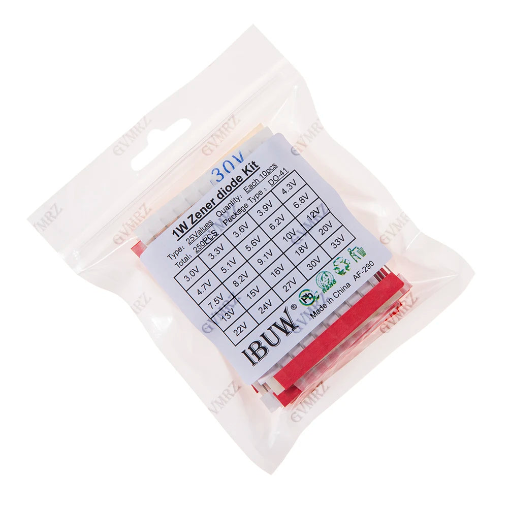 250PCS 25Values 1W Zener Diode Kit 3.0V-33V DO-41 for Voltage Regulation Electronic Projects 3.3V 3.6V 3.9V 27V 30V 33V