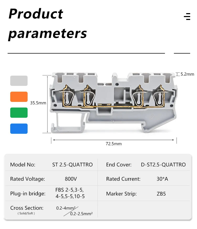 50Pcs ST 2.5-QUATTRO 4-Wire Terminal Block 2.5mm DIN Rail Compact Reliable Wiring Connections