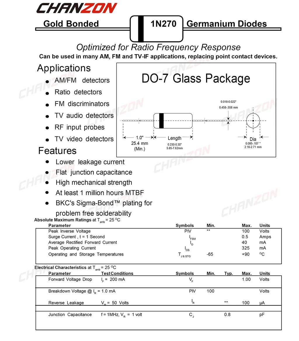 1N270 DO-7 Power Germanium Rectifier Diode 40mA 100V Axial Glass GE Diodes for TV FM AM Radio Detection