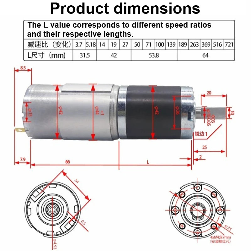 PGM42-775 Metal Planetary Geared DC Geared Motor DC 12V~24V 1600RPM~8RPM High Torque and Forward/Reverse PWM Speed Regulation