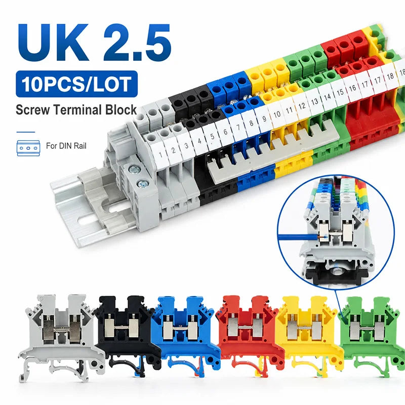 10PCS UK2.5B 2.5mm² DIN Rail Terminal Blocks Screw Connection Feed Through Wire Connector Gray Red Blue Green Black Yellow Set