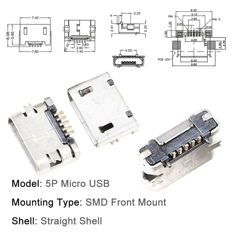 100/1000PCS Micro USB Android Female Charging Socket, Flat Edge Crimped Type, 5Pin, 4 Mounting Pins, SMD & DIP Tail Connector