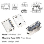 100/1000PCS Micro USB Android Female Charging Socket, Flat Edge Crimped Type, 5Pin, 4 Mounting Pins, SMD & DIP Tail Connector