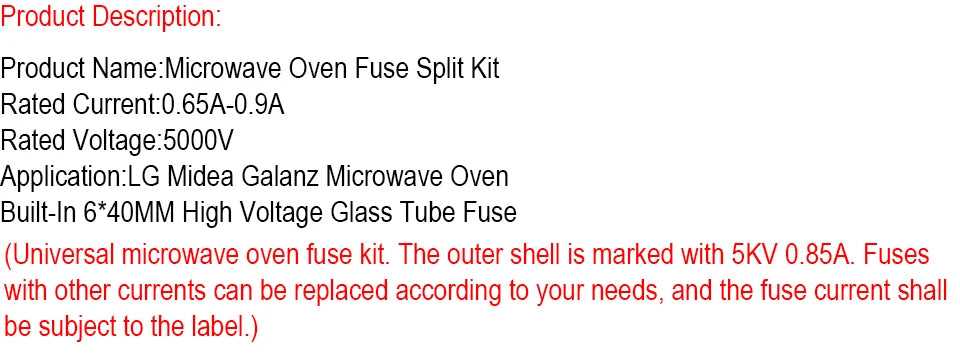 5KV Microwave Oven High Voltage Fuse Kit 6*40MM 0.6A 0.65A 0.7A 0.75A 0.8A 0.9A 1A 5000V Glass Tube Fuse & Universal Fuse Holder