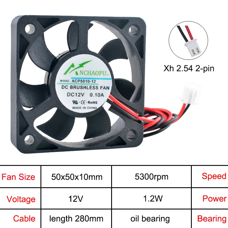 ACP5010 50x50x10mm Axial Cooling Fan 2-Pin DC 5V/12V/24V 50mm for Power Supply Charger Frequency Converter - Computer Case Fans