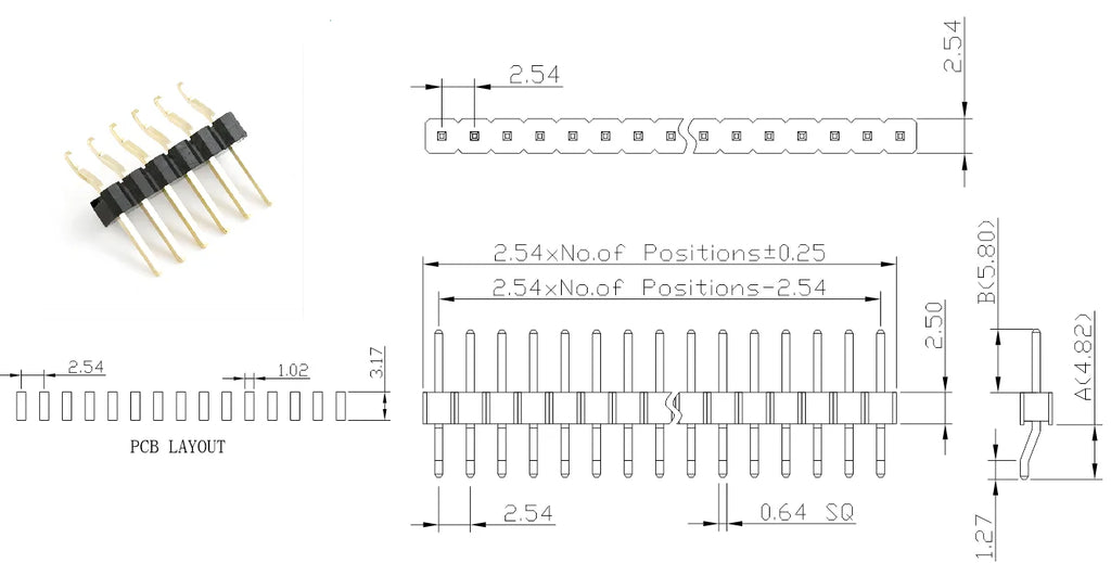 5pcs 1.27/2.0/2.54mm Right Angle SMT Single/Double Row SMD Surface Mount Gold-plate Rohs Breakable PCB Connector Male Pin Header