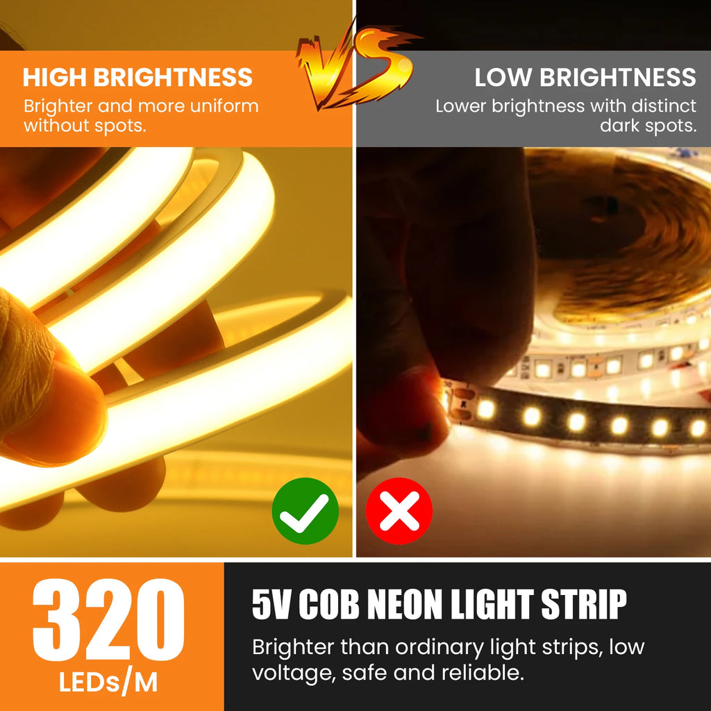 DC5V COB LED Strip With Switch 320Leds/m Flexible Neon Light USB Power Waterproof FOB LED Lights 3000K-6000K Ribbon Tape