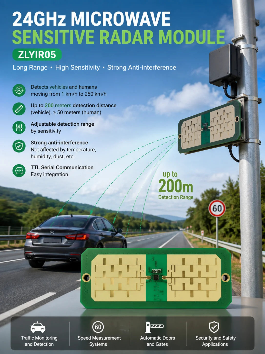 24GHz Microwave Motion Sensor 200m Vehicle Human Detection TTL Long Range Presence Sensor for Traffic Security System