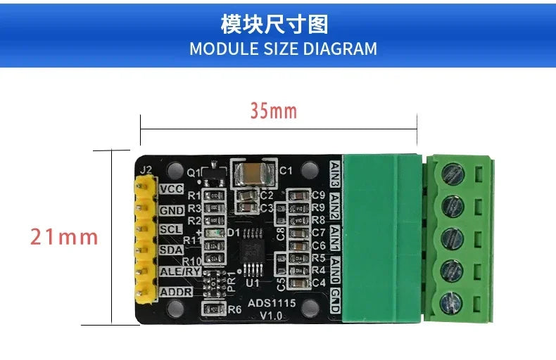 ADS1115 16-Bit 4-Channel I2C ADC Module, High Precision for Sensor Voltage Measurement