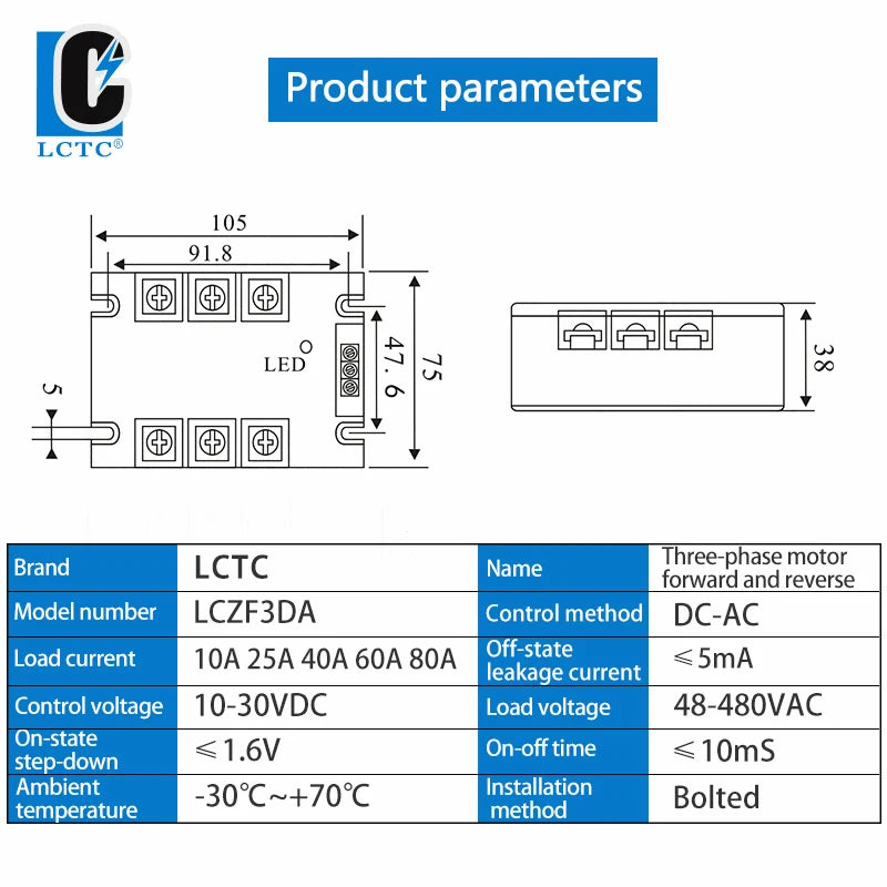 LCTC Three Phase Solid State Relay Forward and Reverse Control Relay DC Motor Stater 10A 25A 40A 60A 80A 10-30VDC 40-480VAC DA