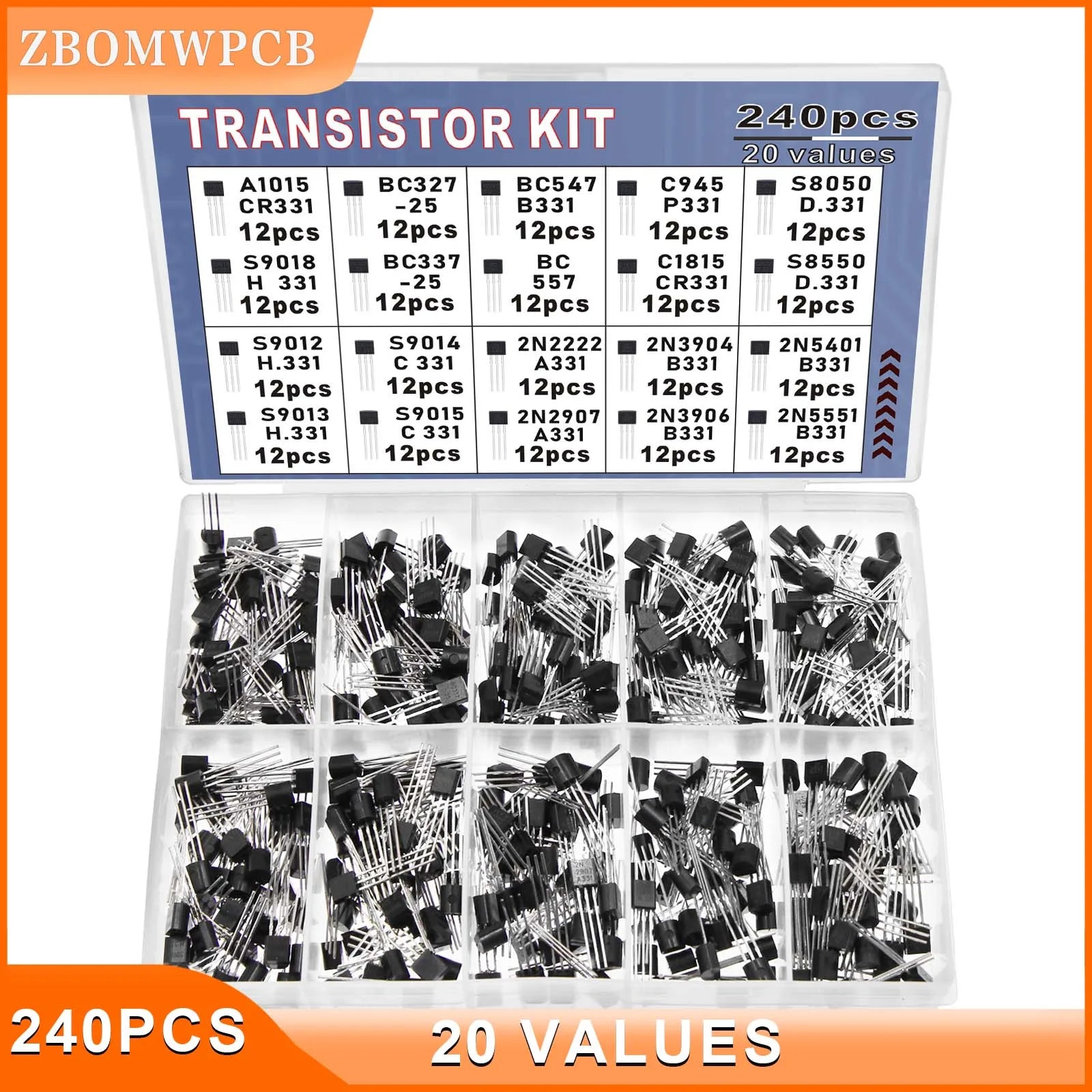 240pcs 24 Values BJT Transistor Kit Pnp Npn 20 Values a1015 2n2222 Bc327 Bc337 c1815 s8050 s8850 c945s9014 s9015 s9018 2n5551