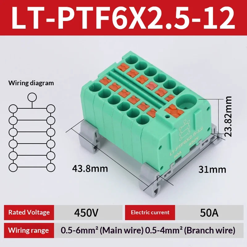 Push-in Terminal Block PTF6X2.5mm One in Multiple Out Splitter Spliceable Wire Connectors DIN Rail Junction Box Electrical Joint