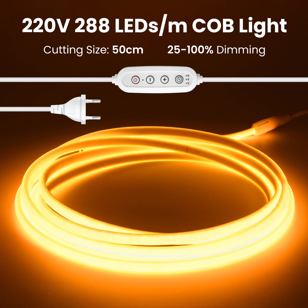 220V COB LED Strip Power EU Plug Dimmable Timer 288LEDs/m Waterproof Neon Light Tape Red Blue Green Pink White Home Garden Decor