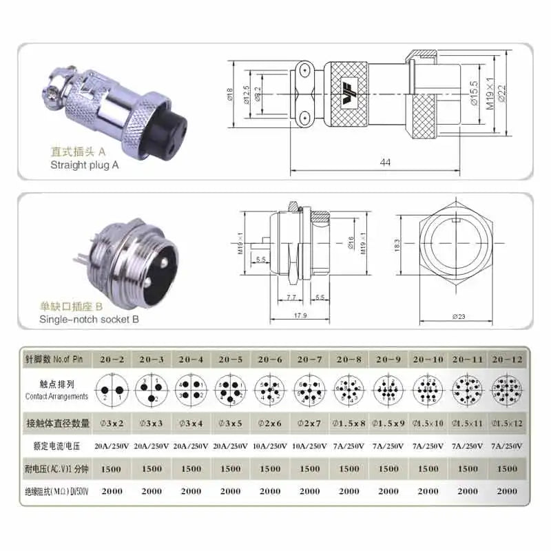 3Pin GX20 Aviation Plug with Wire 2/3/4/5/6/7/8/9/10/12Pin Connector Cable GX20 Male Female Socket Connection Line 7-20A 250V