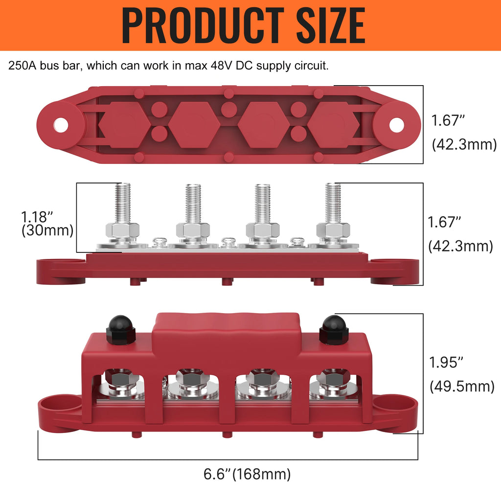 Bus Bar 12V 250A Power Distribution Block 4 X M10 / M8 Studs Marine Bus Bar 12 Volt Battery Busbar Terminal Block for Car Boat