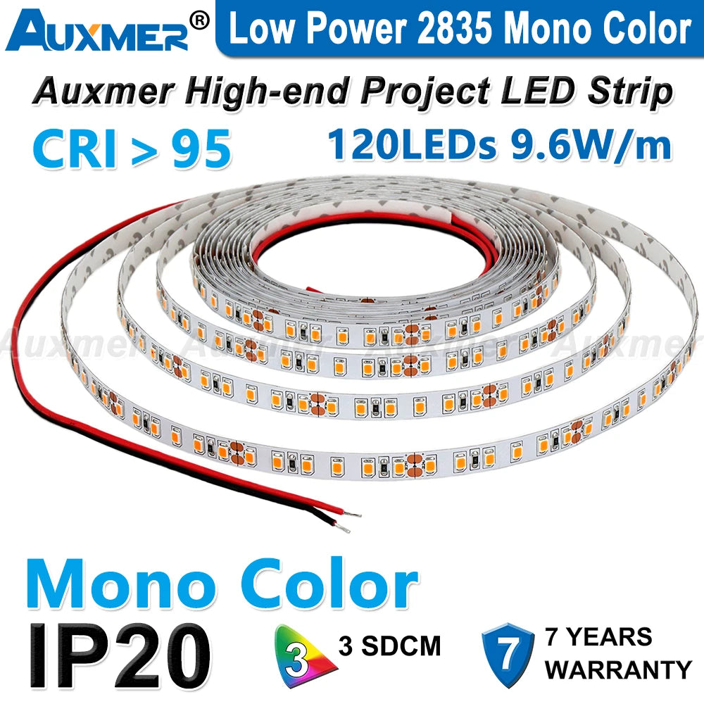 Auxmer Low Power 2835 LED Strip,Mono Color,120LEDs/m 240LEDs/m,CRI＞95/90,3SDCM,Super Bright Flex LED DC12/24V,5m/reel,IP20