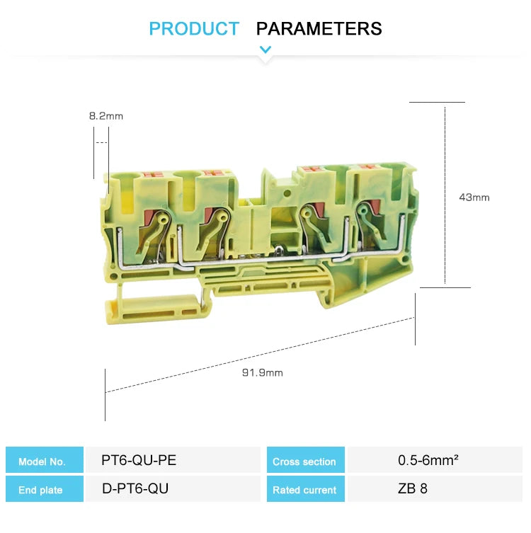 PT6-QU-PE Earthing Terminal Block on Din Rail Ground Electrical 6mm Yellow/Green Wires Connector PT 6-Quattro-PE