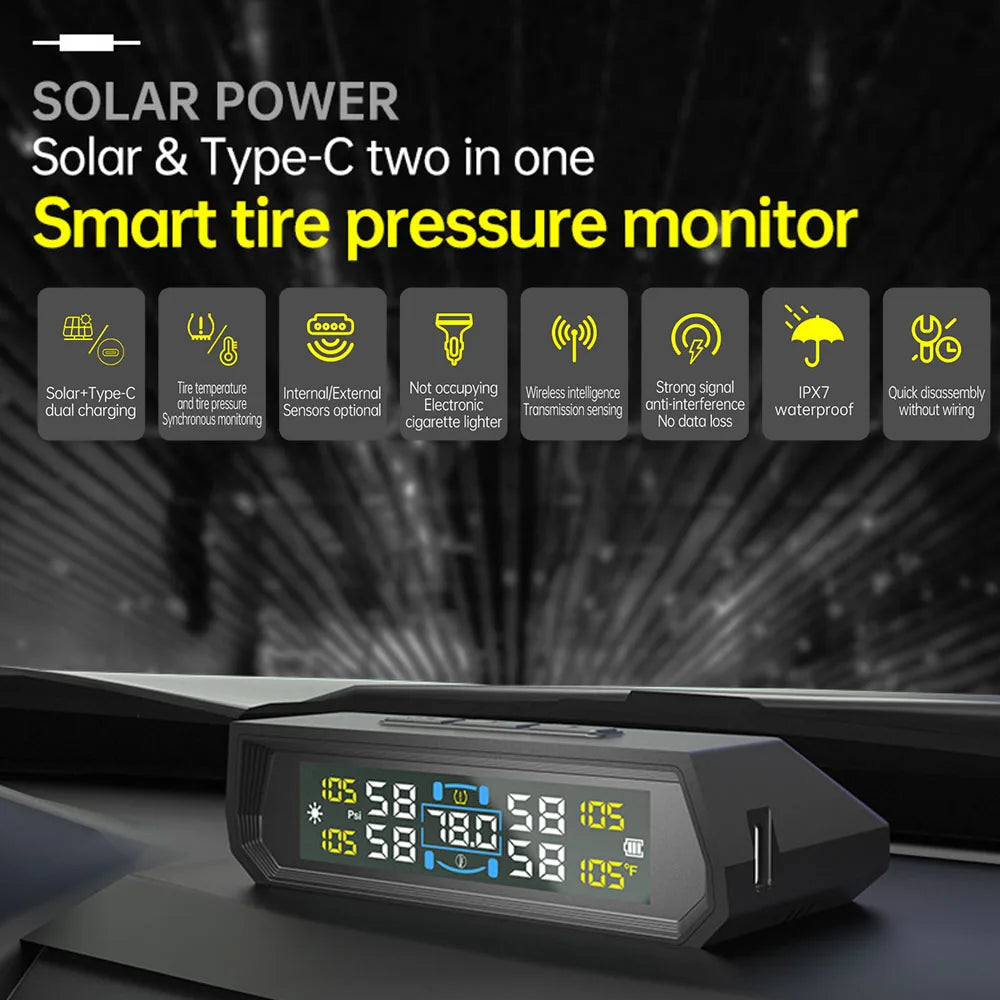 Temperature Warning Fuel Save Tire Pressure Monitoring System Solar TPMS With 4 External Sensors Car Tyre Pressure Monitor
