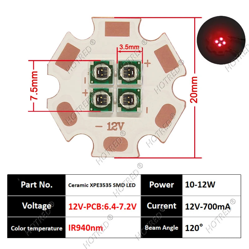 10W High Power LED Chip IR Infrared 660nm 680/730/760/810/850nm 12W 3535 Bead 2V 4V 8V 700/1400/2800mA For Night Vision Security