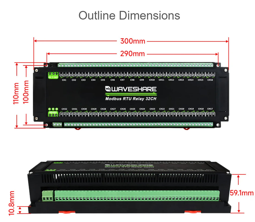 Modbus RTU 32-Ch Relay Module, RS485 Interface, With Multiple Isolation Protection Circuits, Industrial-Grade, Rail-Mount Case