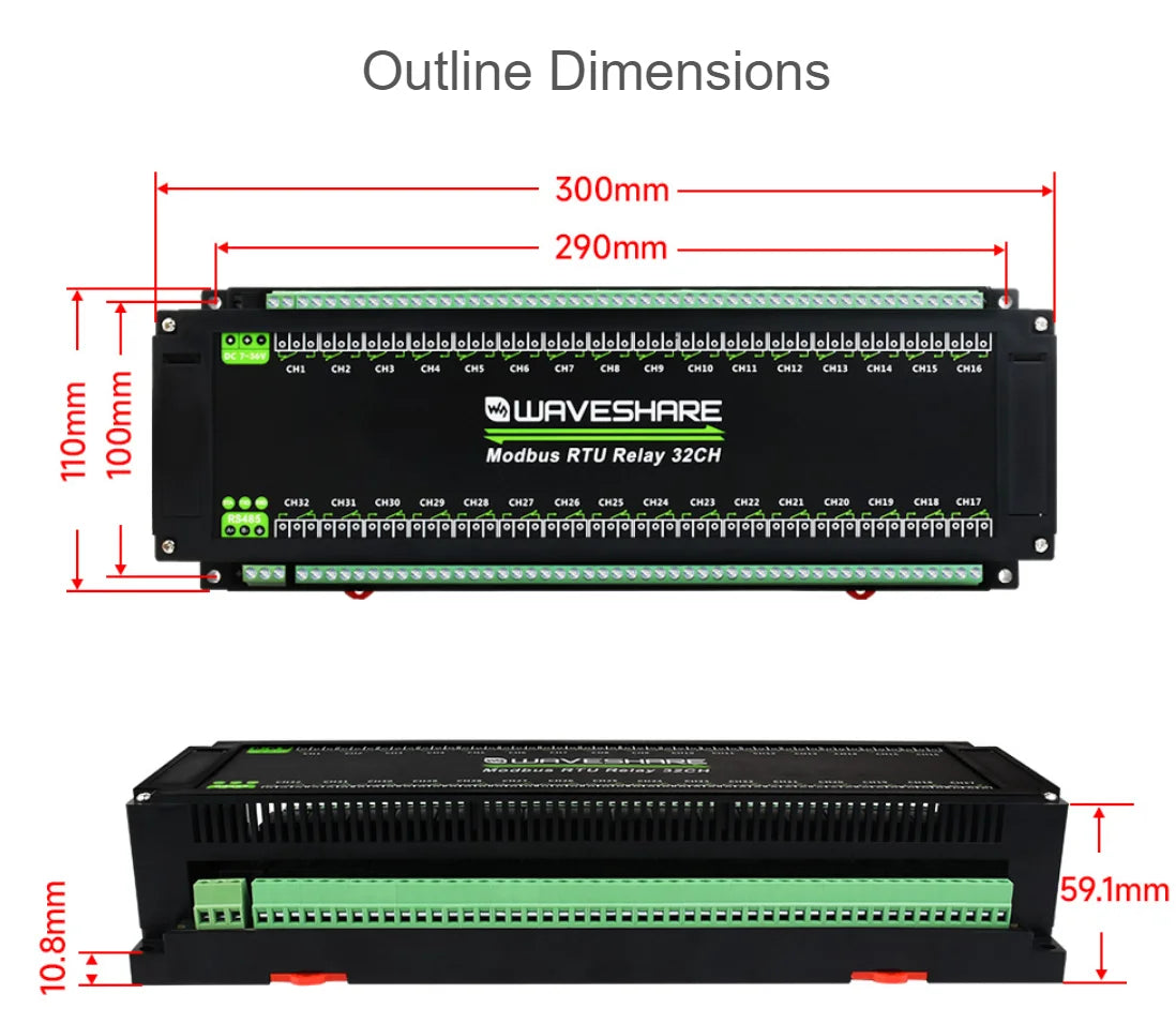 Modbus RTU 32-Ch Relay Module, RS485 Interface, With Multiple Isolation Protection Circuits, Industrial-Grade, Rail-Mount Case
