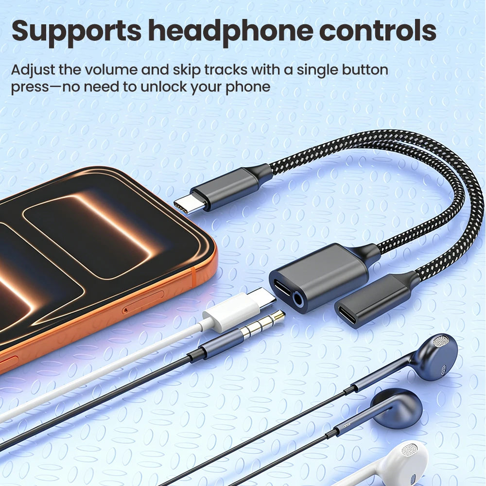 3 in 1 USB C Adapters Type-C to 3.5mm/Type-C Headphones+ Type-C Charging Connector For iPhone 15-17 Xiaomi Huawei Samsung Phones