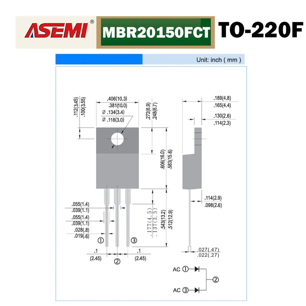 MBR20150FCT Schottky Barrier Rectifier Diode 20A 150V ASEMI TO-220F For Laptop GaN Charger