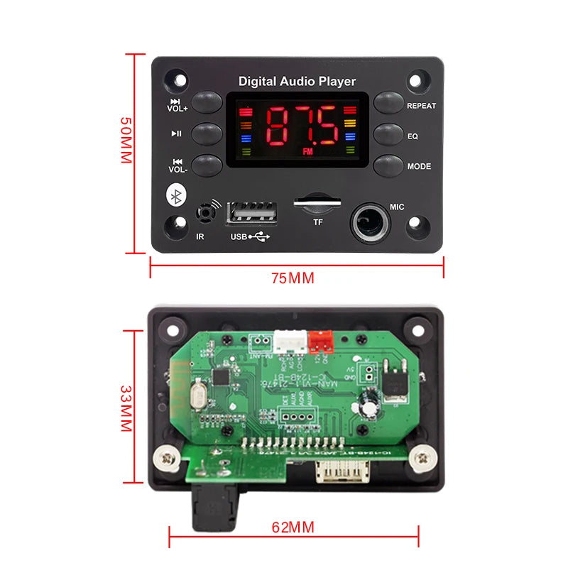DC 5V 12V Audio Player Bluetooth 5.0 MP3 Decoder Board Hands-free Car Microphone USB TF FM Radio MP3 Music Player Speaker