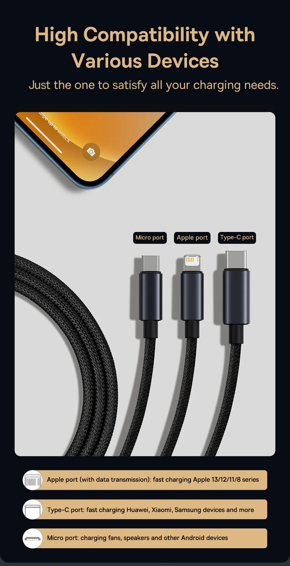 Baseus 3 in 1 USB Cable Type C Cable For Samsung Xiaomi Mi 9 Huawei Cable For iPhone 13 12 11 Phone Charger Micro USB Data Cable