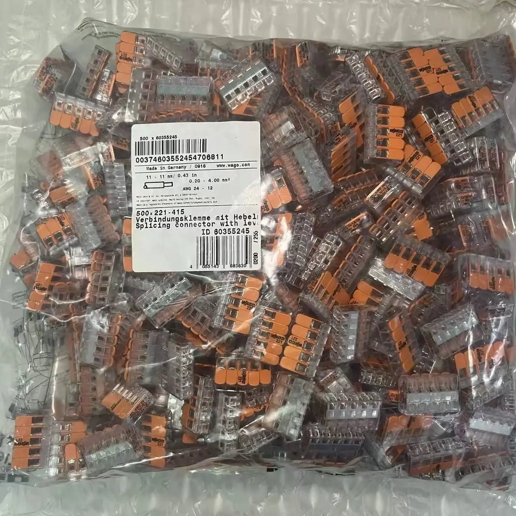 WAGO 221 Series 500 Pieces Bulk Bag, Reusable Push‑in Wire Splicing Connectors, Home & Industrial Electrical Wiring Terminals