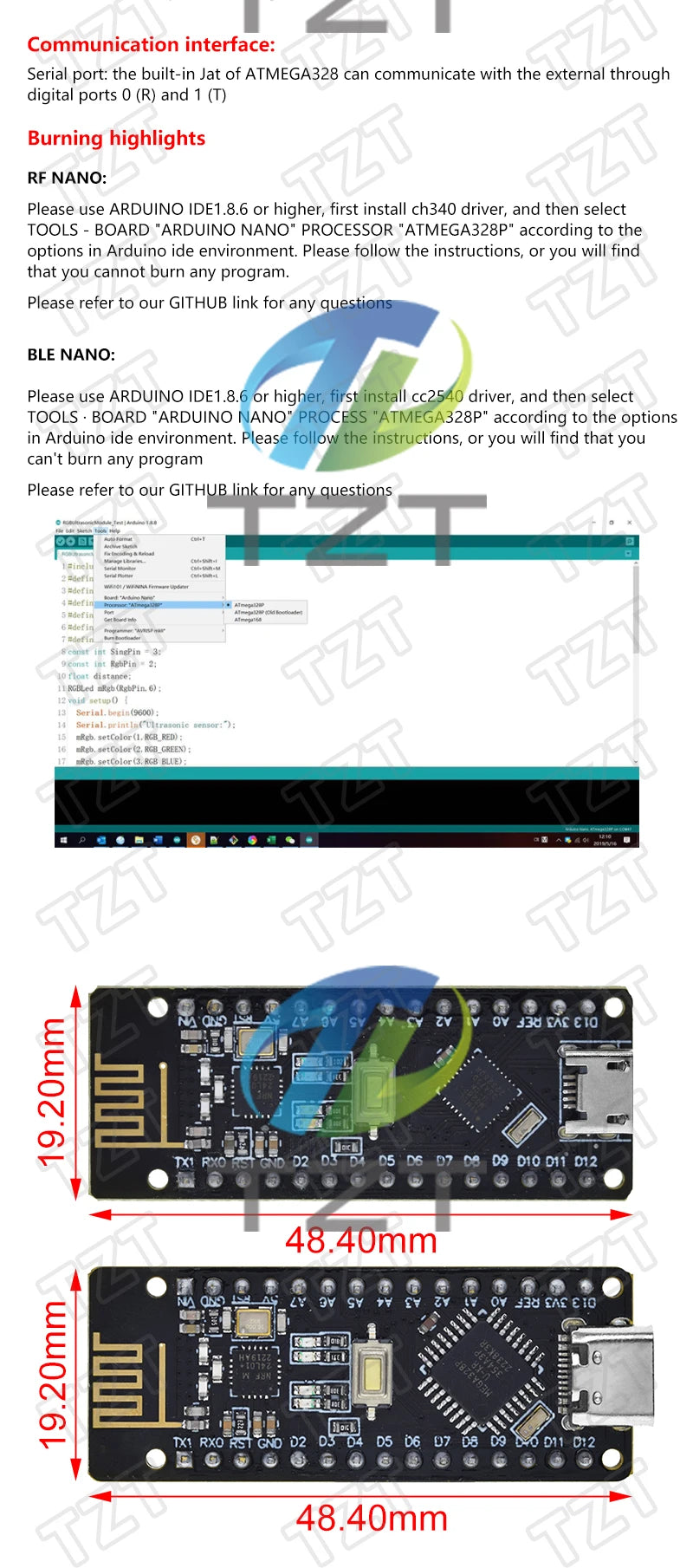 GREATZT RF-Nano for Arduino Nano V3.0, Micro USB Nano Board ATmega328P QFN32 5V 16M CH340, Integrate NRF24l01+2.4G wireless