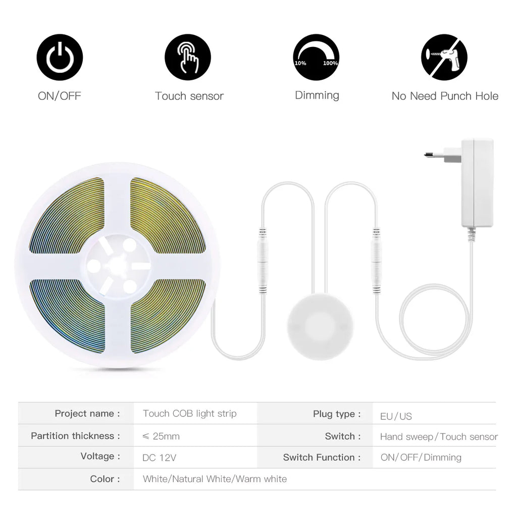 Touch Dimmer and Hand Sweep Induction Switch Flexible COB LED Strip Light 12V 320 LEDs/M LED Light Tape Bedroom Kitchen Lighting