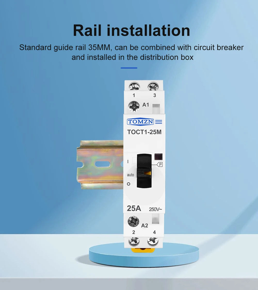 TOMZN TOCT1 2P 25A 220V/230V 50/60Hz Din Rail Household AC Modular Contactor With Manual Control Switch 2NO or 1NO 1NC or 2NC
