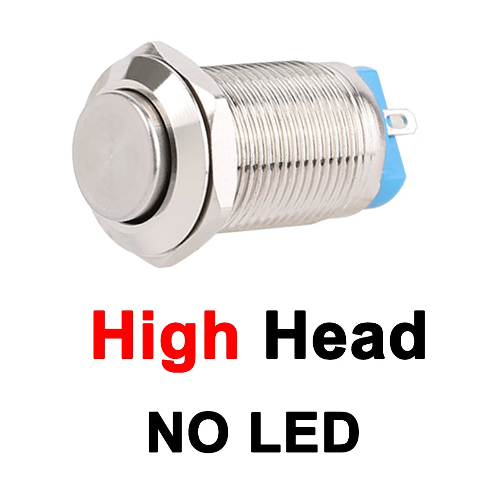 1pc 12mm metal push button waterproof nickel plated brass button switch Latching/self-locking/fix high/flat head on-off NO LED