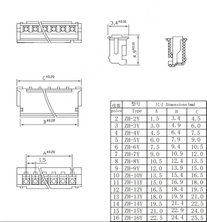 10pcs ZH 1.5mm 2/3/4/5/6/7/8/9/10/11/12Pin 60/200/500mm Terminal Crimp 28AWG Connector Electronic Wire to Board Cable