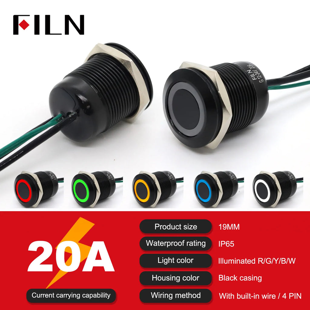 High Current 19mm 22mm 20A 12V 24V 110V 220V IP68 Waterproof Flat Ring Round Push Button Switch Metal Stainless Steel 20cm Wire